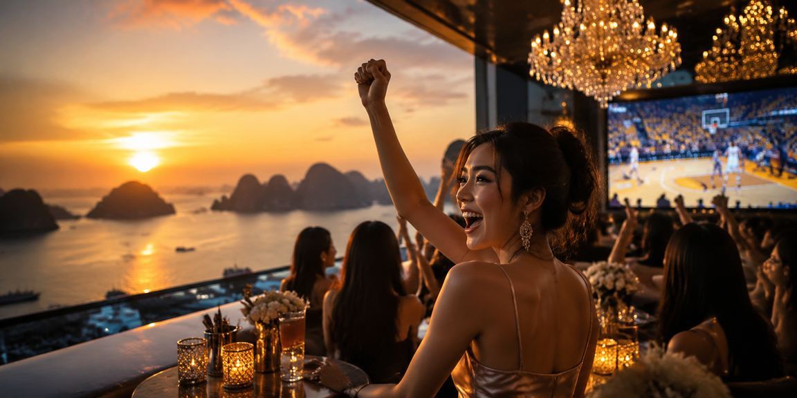 Chợ đêm Hạ Long với người dùng theo dõi kèo bóng rổ trên điện thoại