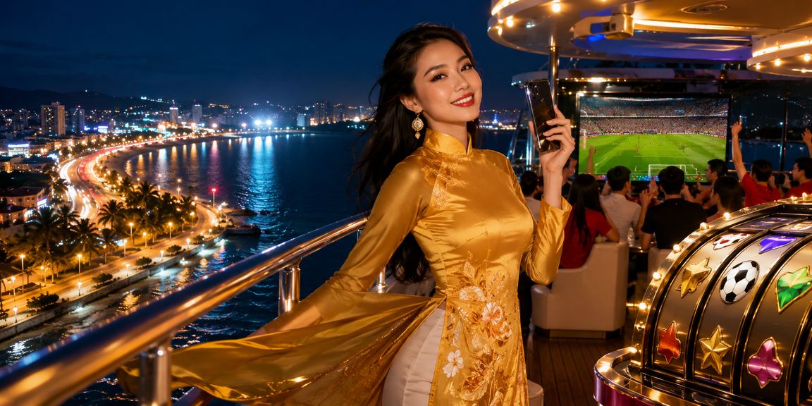 Người phụ nữ mặc áo dài tại Phan Thiết trải nghiệm slot game trực tuyến buổi tối